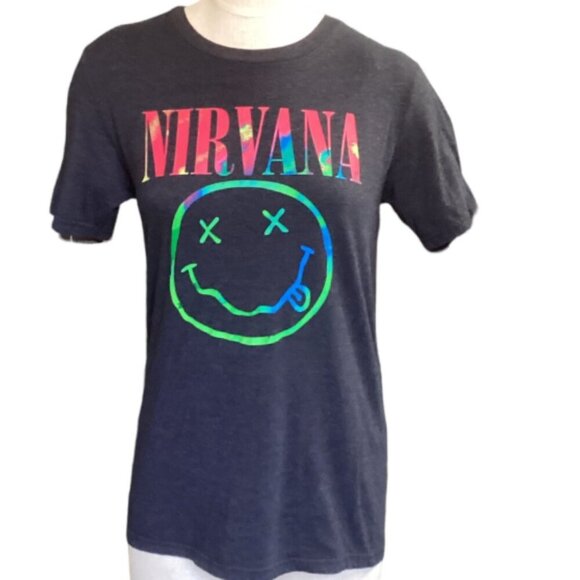 Nirvana Graphic Band Tee T-shirt Rainbow Neon Smile Face Concert Sz M #158K - Picture 1 of 8